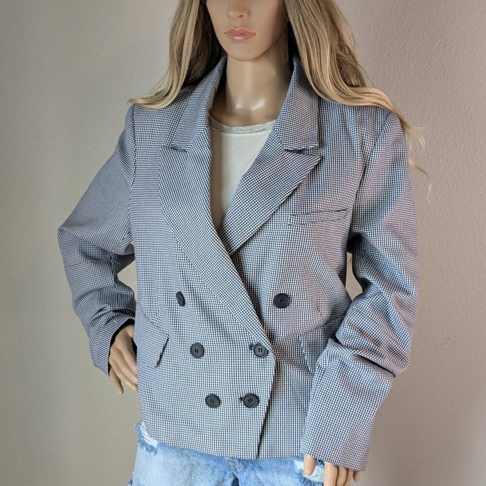 Free People Betty Blazer Women's Medium Black White Cropped Houndstooth Jacket